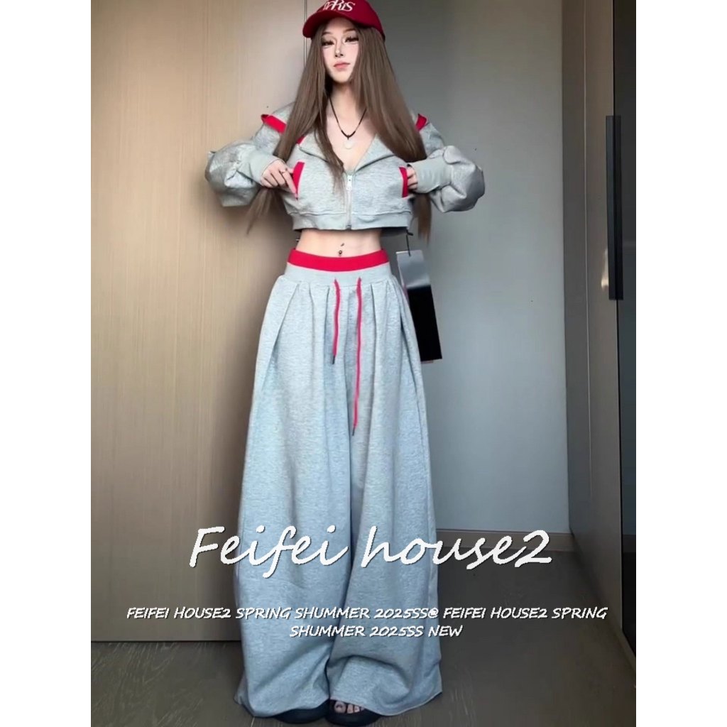 ฤดูร้อนเสื้อแจ็คเก็ตแขนยาวมีฮู้ดสไตล์สปอร์ตสีบล็อกลำลองสำหรับผู้หญิงในช่วงและกางเกงขายาวเอวสูงชุด