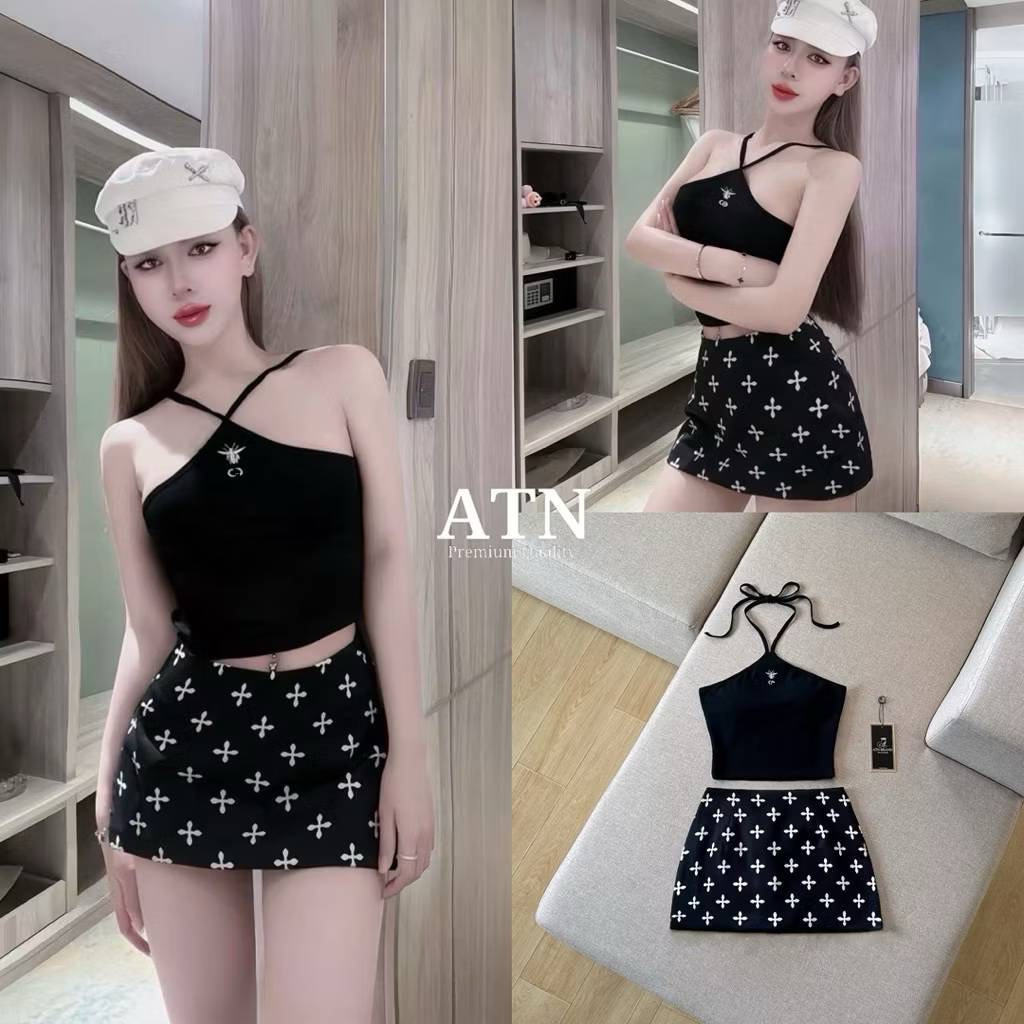 S M L มือ1 ATN ชุดเซ็ตเสื้อสายผูกคล้องคอ มาพร้อมกระโปรงสั้นพิมพ์ลายซับในกางเกง ใส่สวยสุดๆ ป้าย ATN