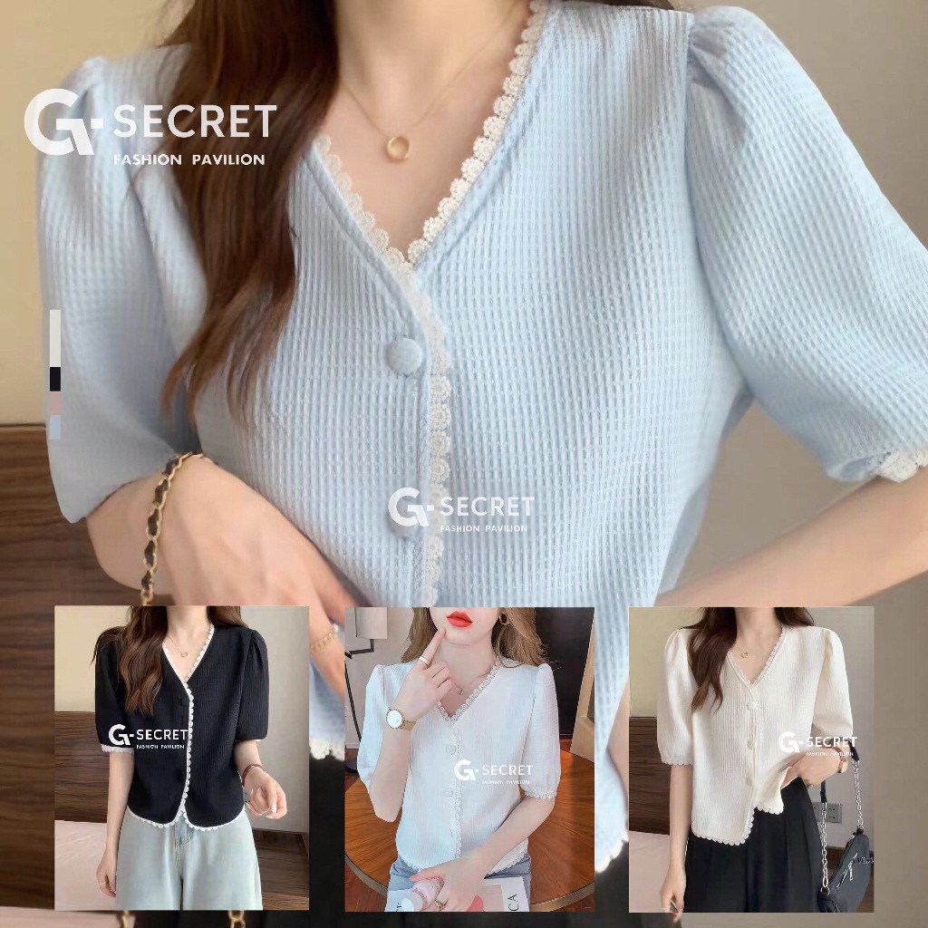 เสื้อคลุมแขนสั้น รุ่นติดกระดุม ทรงคอวี แนวเกาหลี ดีเทลขอบแต่งลูกไม้ เก๋ๆ เนื้อผ้าลินิน ใส่สบาย เข้ากับทุกการแต่งตัว