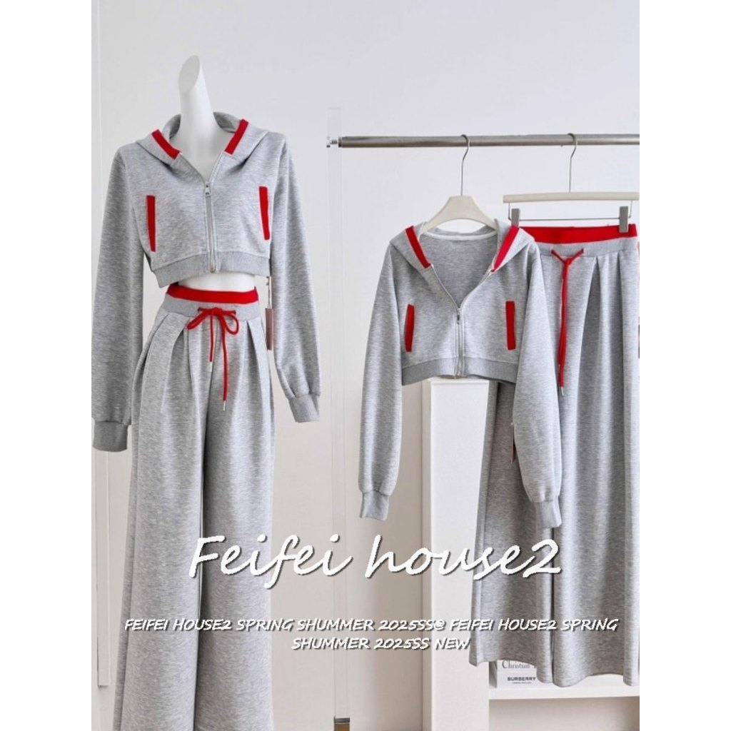 ชุดแจ็กเก็ตแขนยาวมีฮู้ดซิปสีบล็อกสำหรับผู้หญิงสไตล์อเมริกันและกางเกงวอร์มขากว้างเชือกผูกเอวสูง