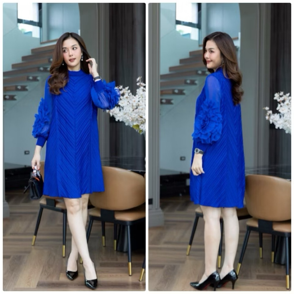 📌ทักก่อนสั่ง นางแบบสูง 174 Cm 📌 เดรสอัดพลีท อก42“-60” ชีฟองแต่งดอกไม้ cutie - รูปที่ 5