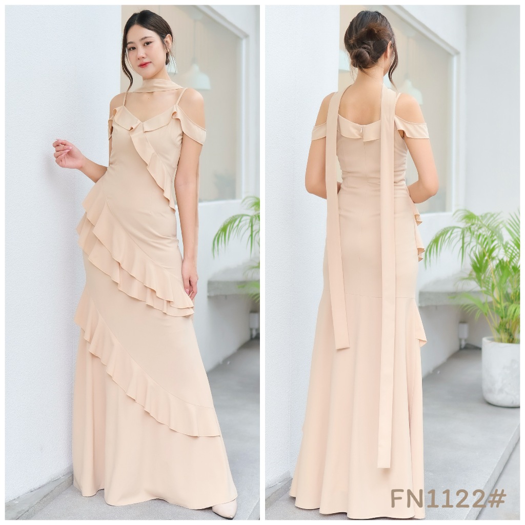 FN1122 เดรสสายเดี่ยว เปิดบ่า ระบายทั้งตัว ชุดไปงานแต่ง ชุดออกงาน เดรสเพื่อนเจ้าสาว [LUXURY707]