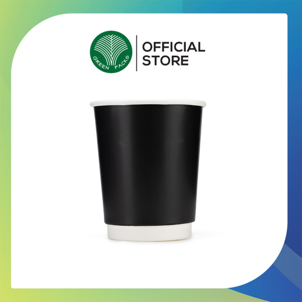 [ยกลัง] แก้วกาแฟร้อน แก้วร้อน DW 8 oz.  สีดำ แก้วสองชั้น 8 ออนซ์ [500 ใบ] greenpacks