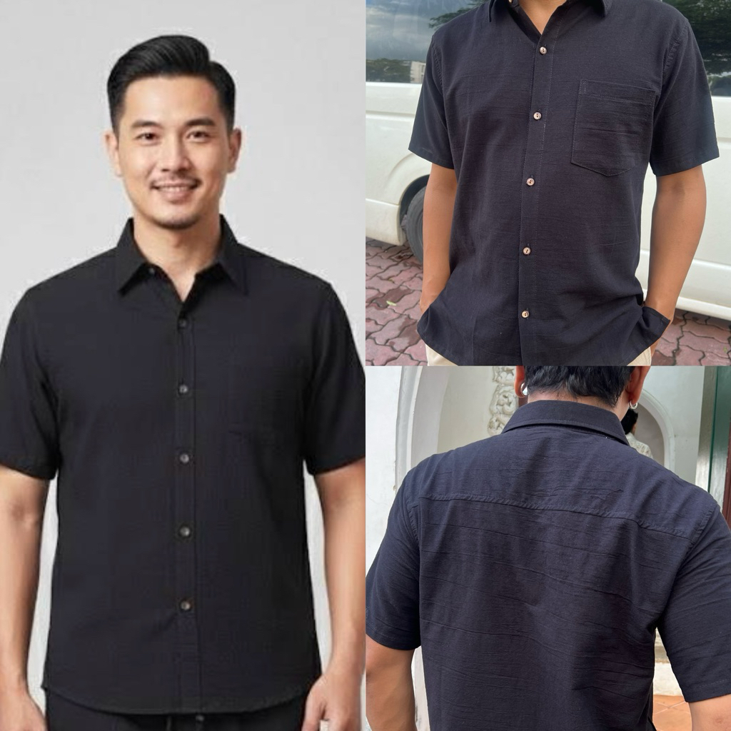 เสื้อเชิ้ตผ้าฝ้ายสีดำ แขนสั้น ผ้าฝ้าย100%