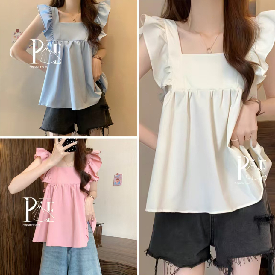 Kaekai พร้อมส่ง เสื้อแขนกุด คอเหลี่ยม ทรงแขนระบาย ดีเทลสม็อคหลังแต่งผูกโบว์ น่ารักมาก แฟชั่นสาวสไตล์เกาหลี