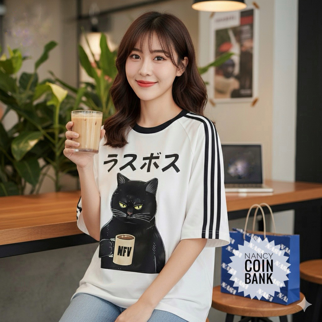 เสื้อ Oversize ลายแมวดำถือแก้วกาแฟสุดเท่ พร้อมอักษรญี่ปุ่น ラスボス (Last Boss)