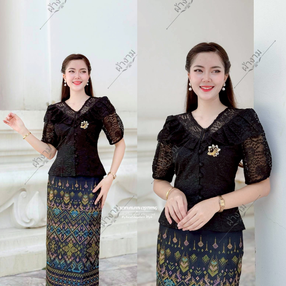 เสื้อลูกไม้ คอวี แต่งระบายหน้า แขนสั้น งานเข้ารูปเข้าทรงสวย มีอก 32-44 นิ้ว อัดกาว