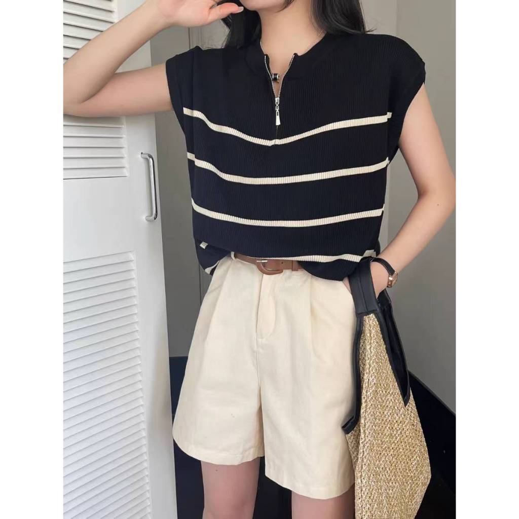 MQzz4289 *พร้อมส่ง* เสื้อกั๊กไหมพรมถัก แขนกุด ลายทาง รูดซิปได้ Freesize