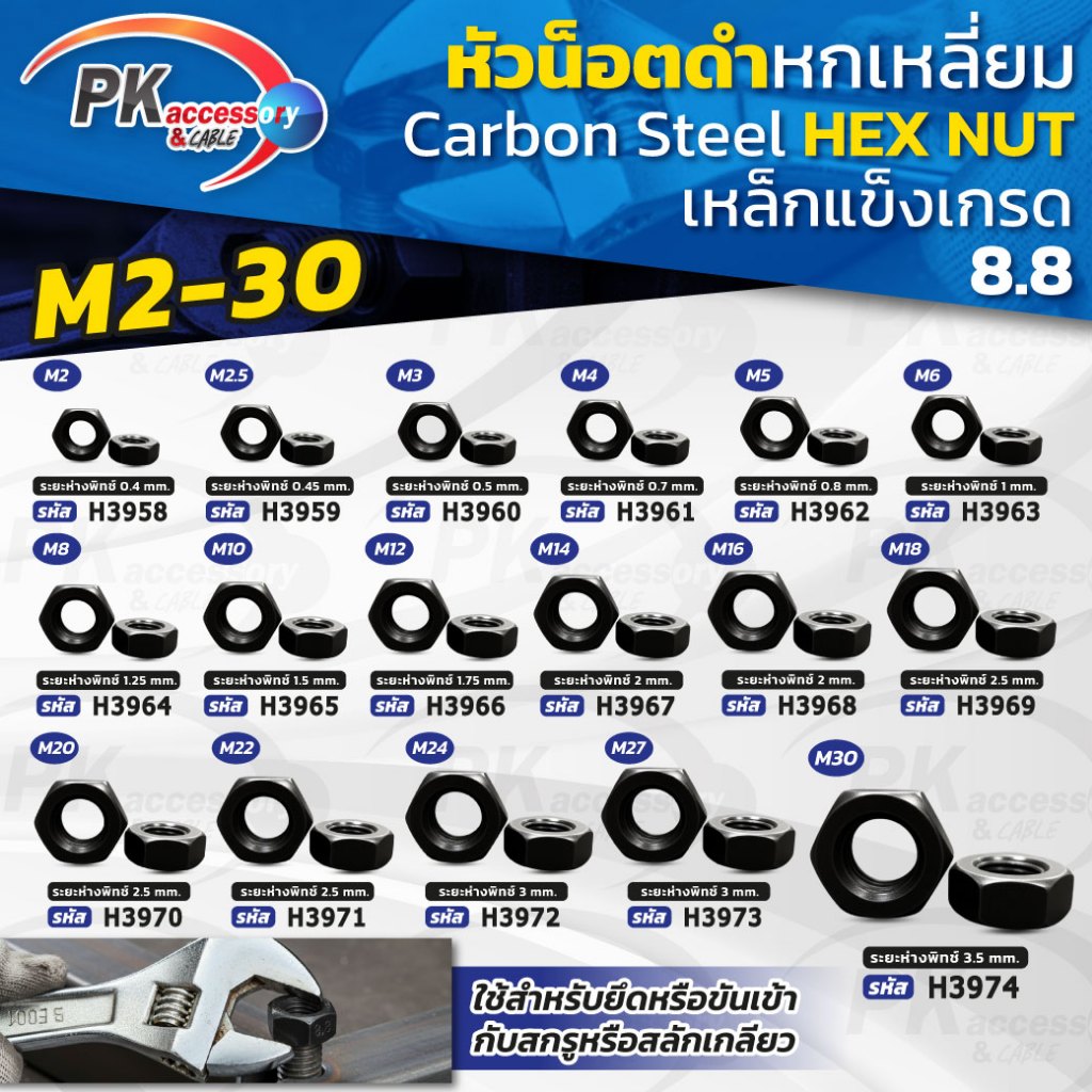 หัวน็อตหกเหลี่ยมดำ - ขนาด M2-M30 ชุบแข็ง เกรด 8.8
