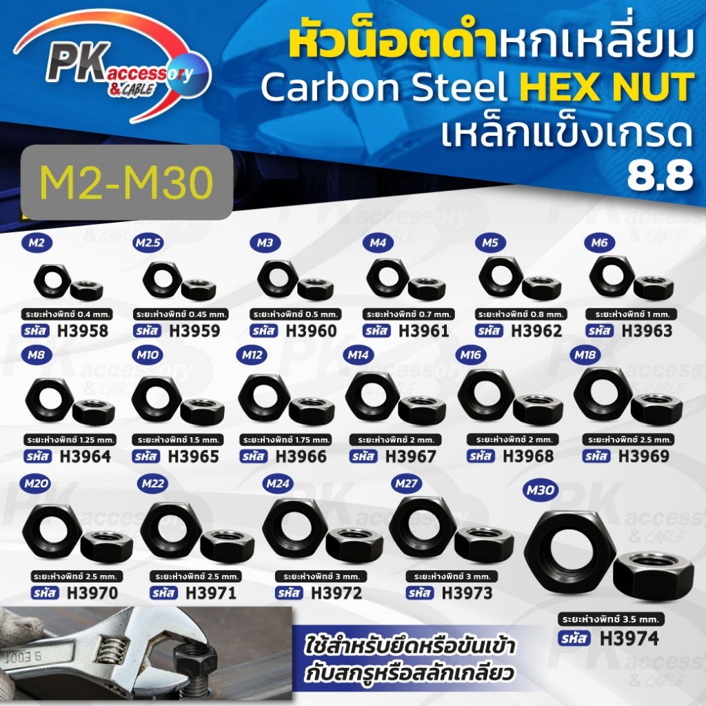 หัวน็อตหกเหลี่ยมสีดำ ขนาด M2-M30 ชุบแข็ง เกรด 8.8