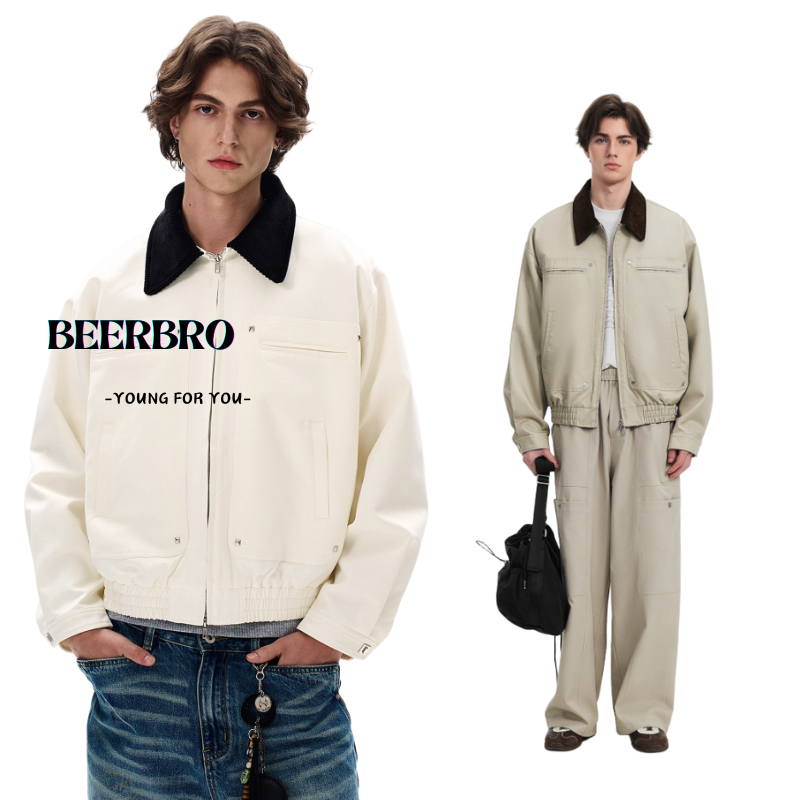 beerbroth- เสื้อแจ็คเก็ตผู้ชาย สีขาวกับสีกากี แขนยาวสไตล์เกาหลีแฟชั่น หลายกระเป๋า คุณภาพดีใหม่ M-2XL