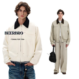 beerbroth- เสื้อแจ็คเก็ตผู้ชาย สีขาวกับสีกากี แขนยาวสไตล์เกาหลีแฟชั่น หลายกระเป๋า คุณภาพดีใหม่ M-2XL