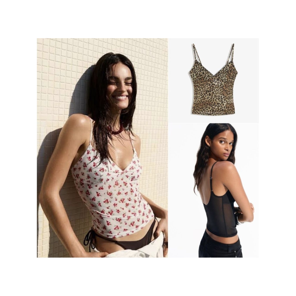 Bershka printed mesh strappy top สายเดี่ยวซีทรูพิมพ์ลาย แท้/ใหม่ป้ายห้อย