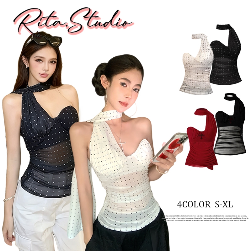 Rita พร้อมส่ง🍒ลายจุด เสื้อคล้องคอ เสื้อครอป ดีเทลผ้าพันคอ เว้าหน้าอก จับจีบเข้ารูป สวยดูแพง สุดฮอต เซ็กซี่ แฟชั่นผู้หญิง