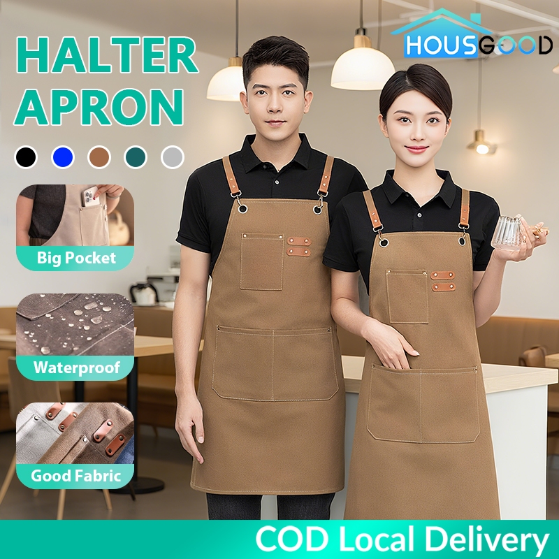 [HOUSGOOD]กันเปื้อน ผ้ากันเปื้อนกันน้ำ ผ้าแคนวาส อัพเกรดใหม่วัสดุทนน้ำ เหมาะสำหรับร้านกาแฟ ห้องครัว กันเปื้อนทำงานครัว