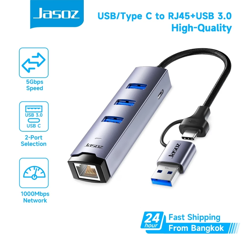 ⚡ส่งจาก กทม⚡Jasoz Type C USB 3.0 HUB to RJ45 อะแดปเตอร์การ์ดเครือข่าย สำหรับโทรศัพท์มือถือ แล็ปท็อป