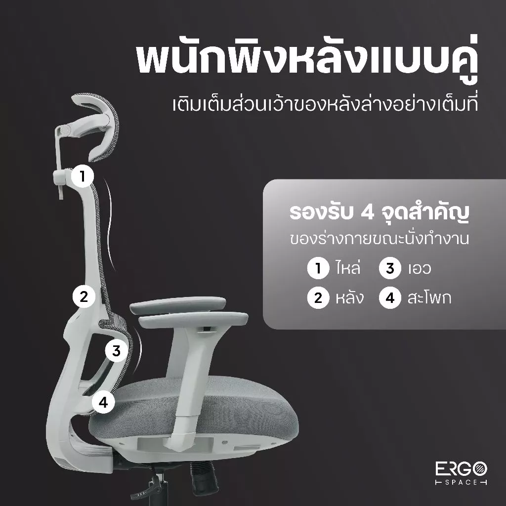 ErgoSpace เก้าอี้ทำงาน รุ่น จูปิเตอร์ Ergonomic chair เบาะเมมแท้ ที่รองหลังขนาดใหญ่สำหรับคนปวดหลัง thumbnail 6