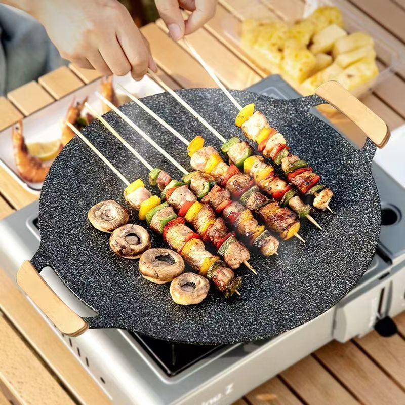 เตาย่างกระทะ ผักผัด เนื้อทอด  กระทะทรงแบน BBQ จานบาร์บีคิว จานบาร์บีคิว เทปันยากิ ครัวเรือนตั้งแคมป์กลางแจ้ง 34cm