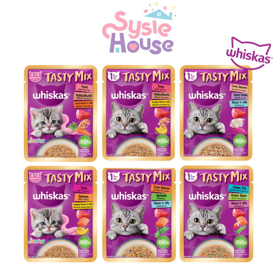 [ซอง] Whiskas Tasty Mix วิสกัส เทสตี้ มิกซ์ อาหารเปียกแมวสำหรับแมว 1 ปีขึ้นไป ขนาด 70 กรัม
