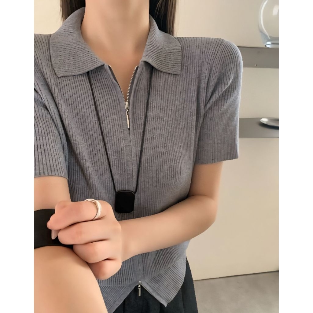 ON10 เสื้อคอปกไหมพรม ซิปหน้า แขนสั้น ไหมพรมนุ่ม รูปที่ 5