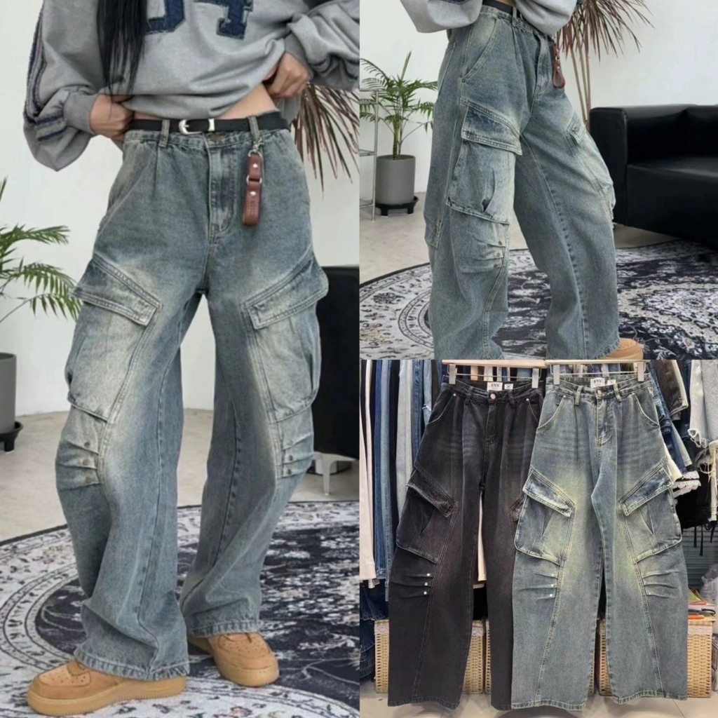 cargo denim jeans กางเกงcargoฟอกเฟดรุ่น 14131 TAG FSY 🇰🇷
