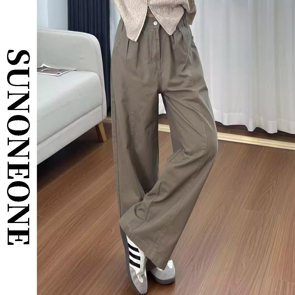 กางเกงยีนส์ผู้หญิงสีคาคีสไตล์เกาหลี Trendy แบบหลวม ขา flare ดีไซน์แฟชั่น
