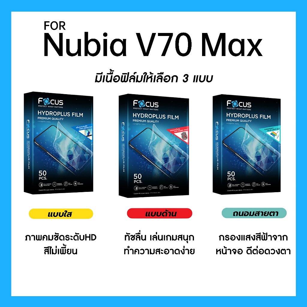 ฟิล์มไฮโดรพลัส Focus สำหรับ Nubia V70 Max เต็มจอ มีอุปกรณ์ติดฟิล์มให้
