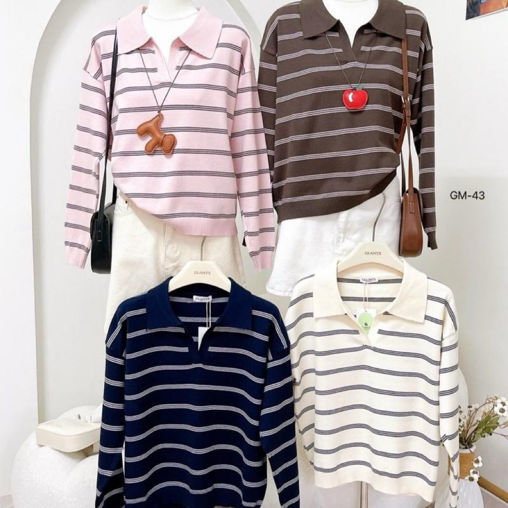 เสื้อไหมพรมคอปกวีแขนยาว งานลายริ้วKorea GI-ant GI72 หน้าผ้า44