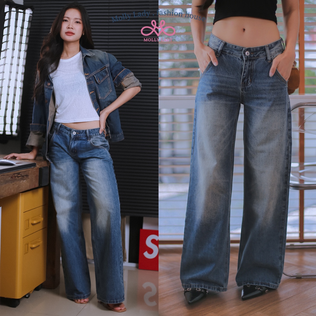 Molly Lady - Low Rise Jeans กางเกงเอวต่ำ ขากระบอก กระเป๋าเฉียง straight-leg jeans