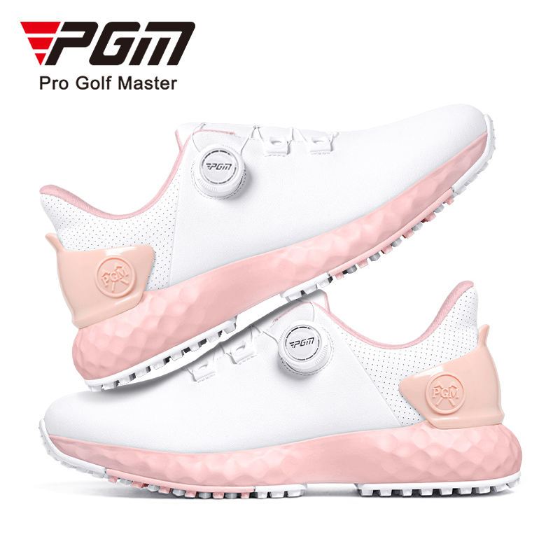 รองเท้ากอล์ฟสำหรับผู้หญิง PGM สีขาวชมพู แบบผูกเชือกอัตโนมัติ (XZ365) ไมโครไฟเบอร์กันน้ำ PGM Golf Wom