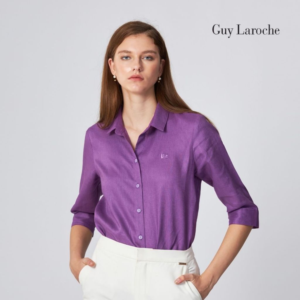 Guy Laroche เสื้อเชิ้ตผู้หญิง Light linen แขนสามส่วน ม่วง G9U1VI