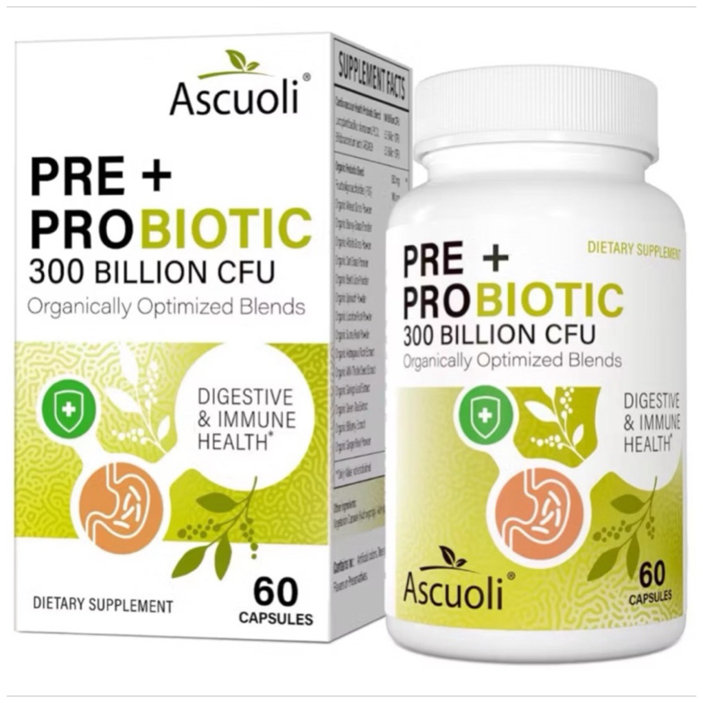 [ ASCUOLI ] PRE + PROBIOTIC 300 BILLION CFU ( โปรไบโอติกประจำวัน สำหรับระบบย่อยอาหาร สุขภาพลำไส้ )( 60 แคปซูล )