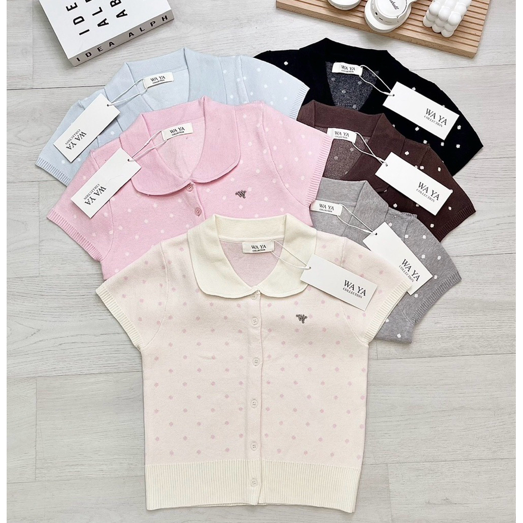 WA YA เสื้อไหมพรมทรงพอดีตัว ผ้าพรีเมียมลายจุดแขนสั้น