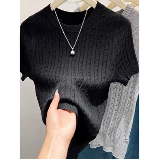 MQzz4289 *พร้อมส่ง* เสื้อไหมพรมแขนสั้น กันหนาว ลายถักยาว ใส่ดูดี เข้าหุ่นสวย อก 40 นิ้วใส่ได้ Freesize