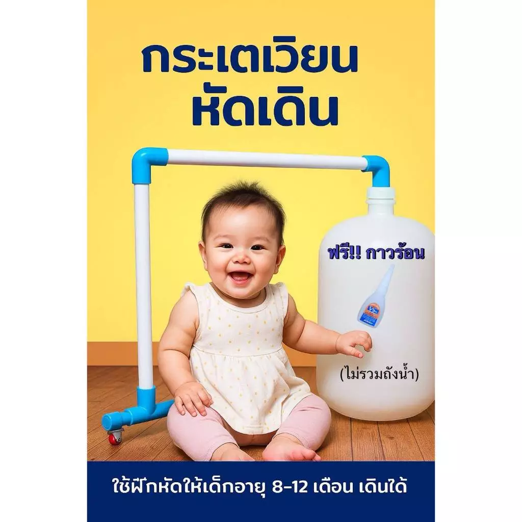 (แถมฟรีกาวร้อน) กระแตเวียนหัดเดินเด็ก-ฝาสีขาว (ไม่รวมถังน้ำ) ที่หัดเดินเด็ก ฝึกยืนท่อ PVC ฝึกเดิน
