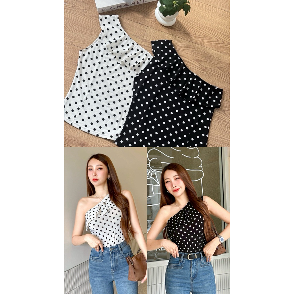 INFINITY : Leda Top (เลดา)เสื้อปาดไหล่ลายจุด เนื้อผ้าคอตตอนยืด มีความโปร่งไม่หนาใส่สบาย