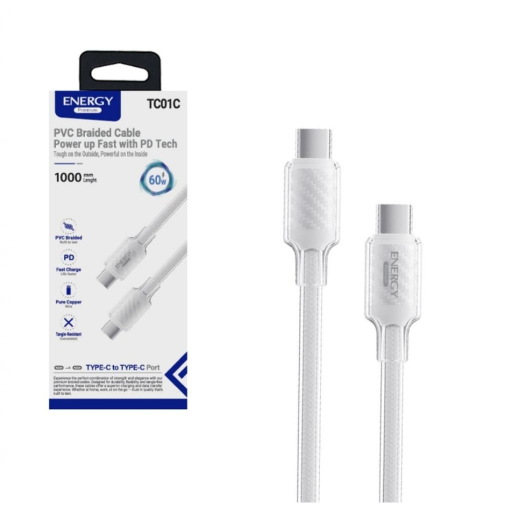 Energy สายชาร์จเร็ว  60W Model: TC01C-TC  PVC Braided Cable  Power up Fast หัว Type C - Type C
