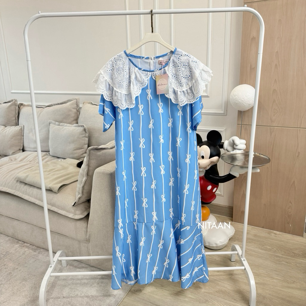 ชุดเดรสสีฟ้าลายโบNITAAN RIBBON BOW MOM DRESS