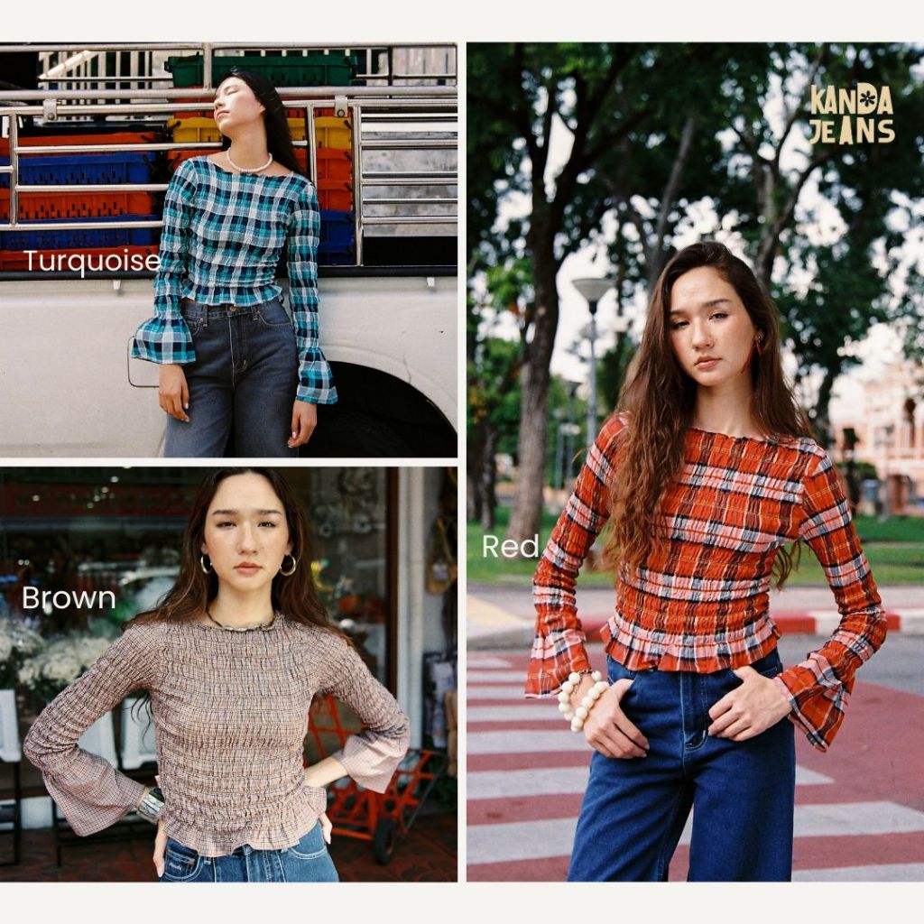 KANDA JEANS : Plaid Smock Top เสื้อลายสก๊อตสม็อคแขนยาวระบายแขน