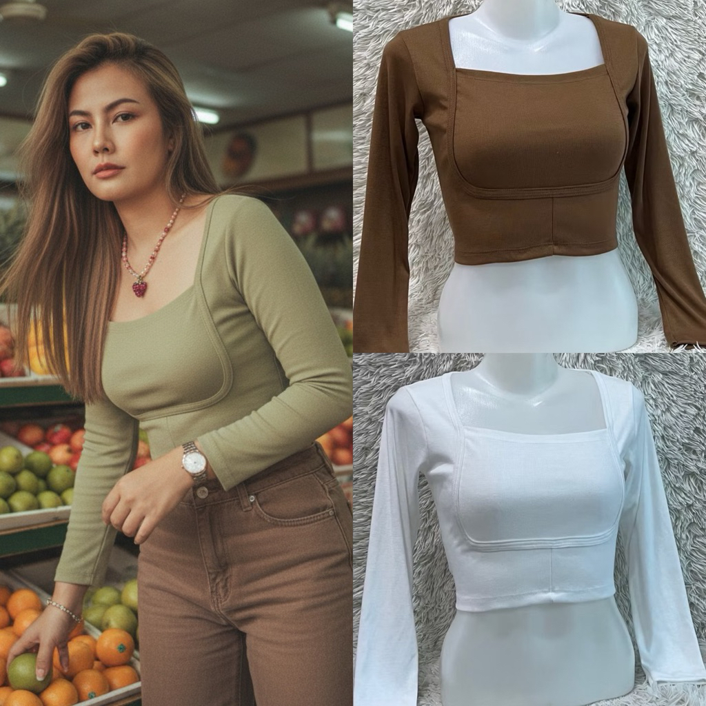 SNS328❤️เสื้อยืดแขนยาว คอเหลี่ยม❤️ผ้าร่อง