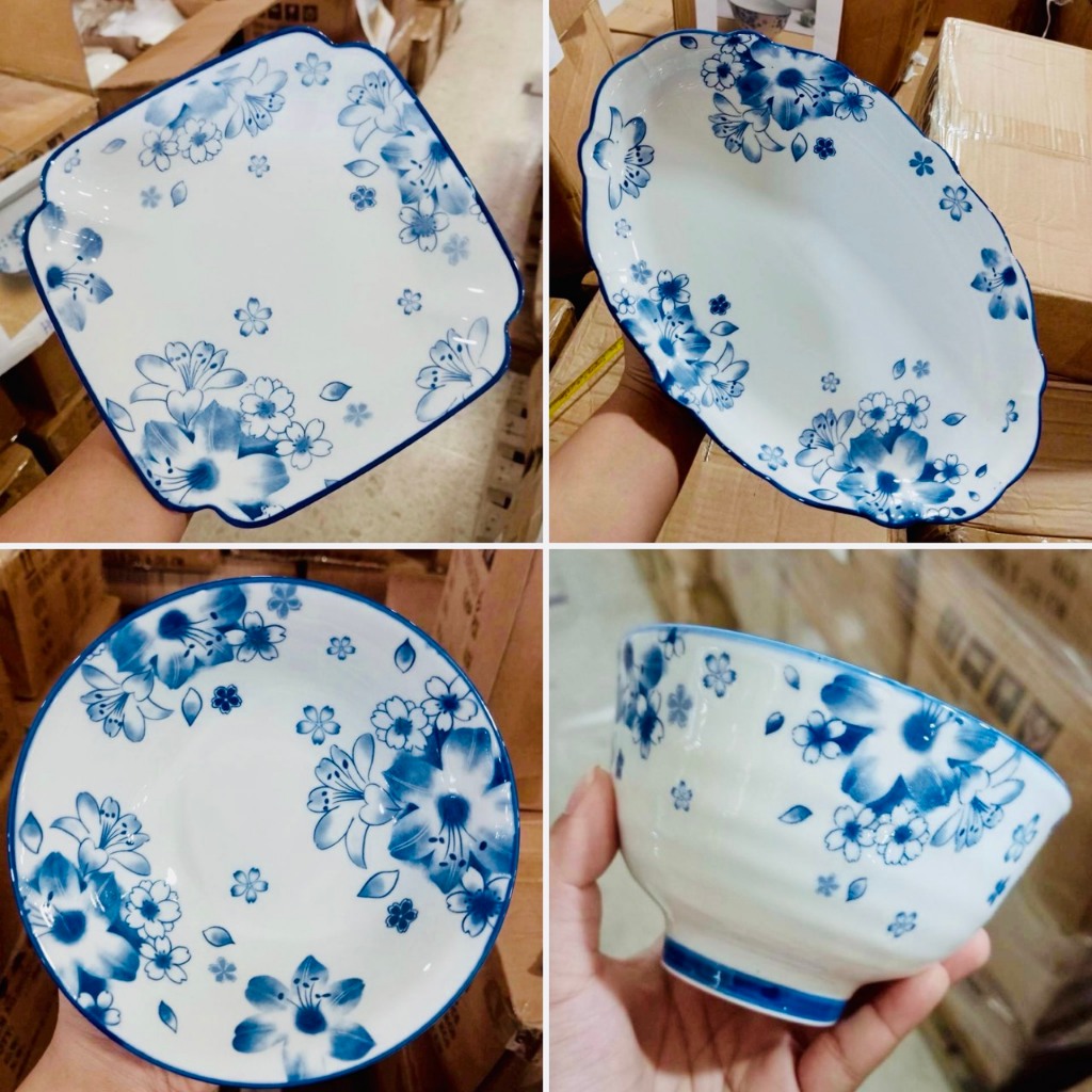 จานเซรามิก 8/10/13 นิ้ว จานราคาถูก ลายดอกไม้สีน้ำเงิน จานเปล ถาดเซรามิก เข้าไมโครเวฟได้