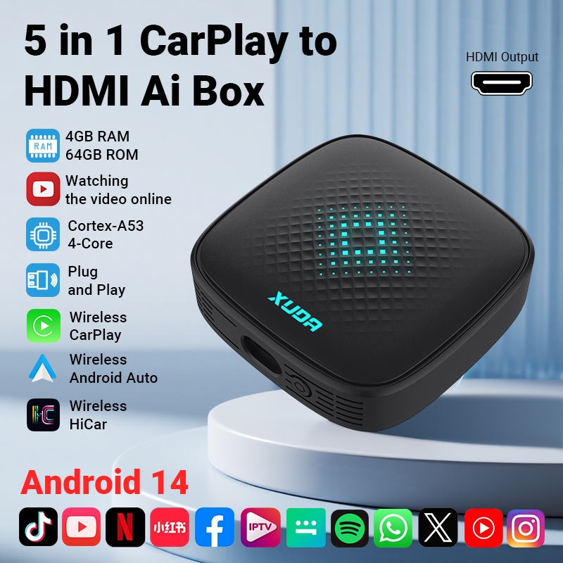 Xuda Wireless CarPlay AI Box 2025 ກ່ອງແປງ Android Auto (ຕໍ່ມີ/ຕໍ່ໄຮ້ສາຍ) ອະແດັບເຕີ້ສຳລັບລົດ