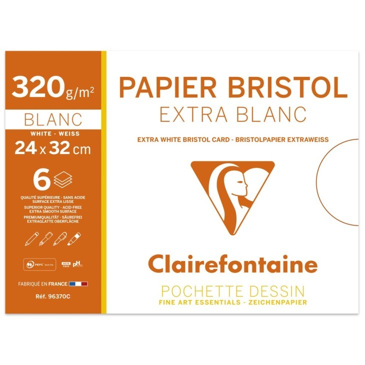 Clairefontaine env/of 6 sh of Bristol card 320g (C96370C) / กระดาษดรออิ้งแบบบริสตอล ผิวเรียบนุ่มพิเศษ 6แผ่น 320แกรม
