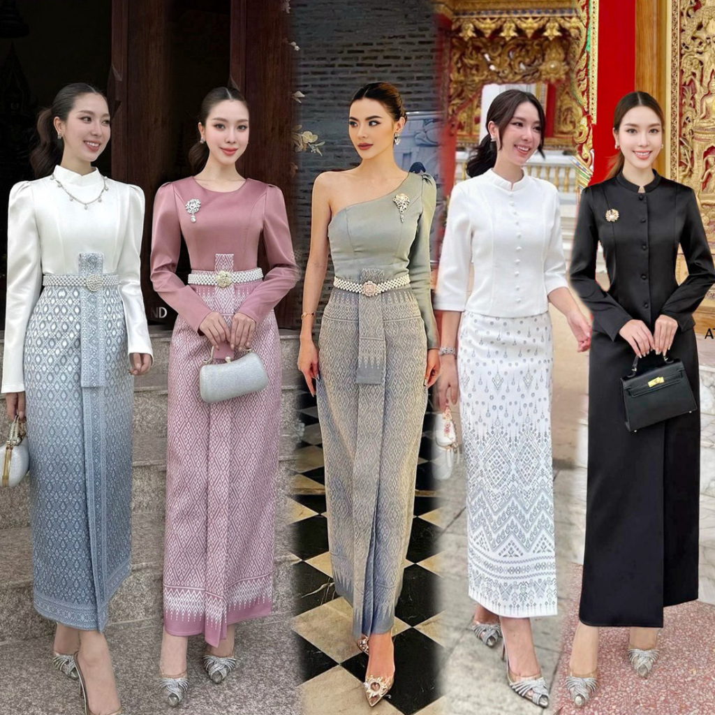 S-XXL ชุดไทยทำบุญ เสื้อ+ผ้าถุงลายไทย สีดำ/ขาว/เทา/ชมพู/ครีม/น้ำเงิน/คราม #ชุดจิตรลดา #ชุดไทยจ