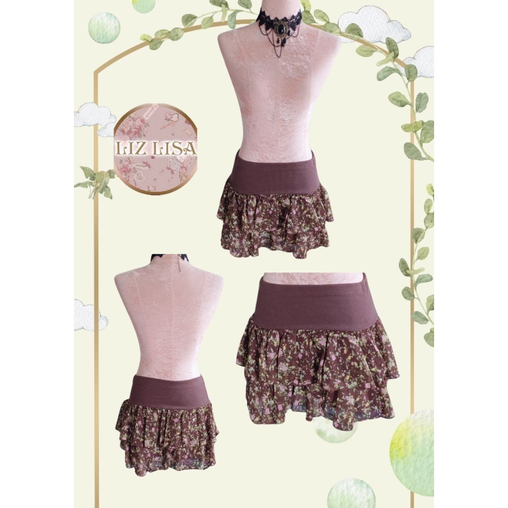 กระโปรงสั้น Lizlisa มือ 1 ของใหม่ สีน้ำตาลลายดอกไม้เลเย่อร์ สองชั้น มีซับใน 😘💕แบรนด์ญี่ปุ่น 🇯🇵แท้