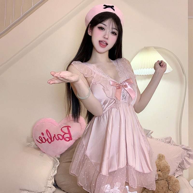 ชุดนอน ชุดนอนเซ็กซี่ คอวี แขนกุด ลายจุด bow ชีฟอง ผ้านิ่ม ฟรีไซส์ ผ้าใส่สบาย ส่งไวจากไทย - รูปที่ 2