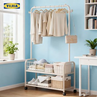 YIJIAราวตากผ้า พร้อมกระเป๋าตาข่าย เสาเเขวนหมวก+กระเป๋า ราวแข…