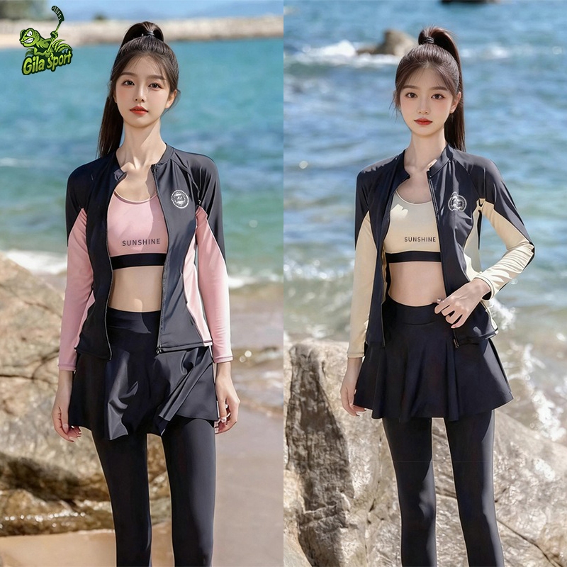 ชุดว่ายน้ำผู้หญิง ชุดดำน้ำ 4ชิ้น ชุดว่ายน้ำแขนยาว เสื้อ กันuv ผ้าแห้งเร็ว ไปชายทะเล