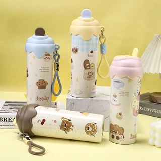 PANDA แก้วเก็บความเย็น 600ML สแตนเลส 304 ไอศกรีมที่สร้างสรรค์ รูปแบบการ์ตูน สายคล้องมือ สองวิธีดื่ม