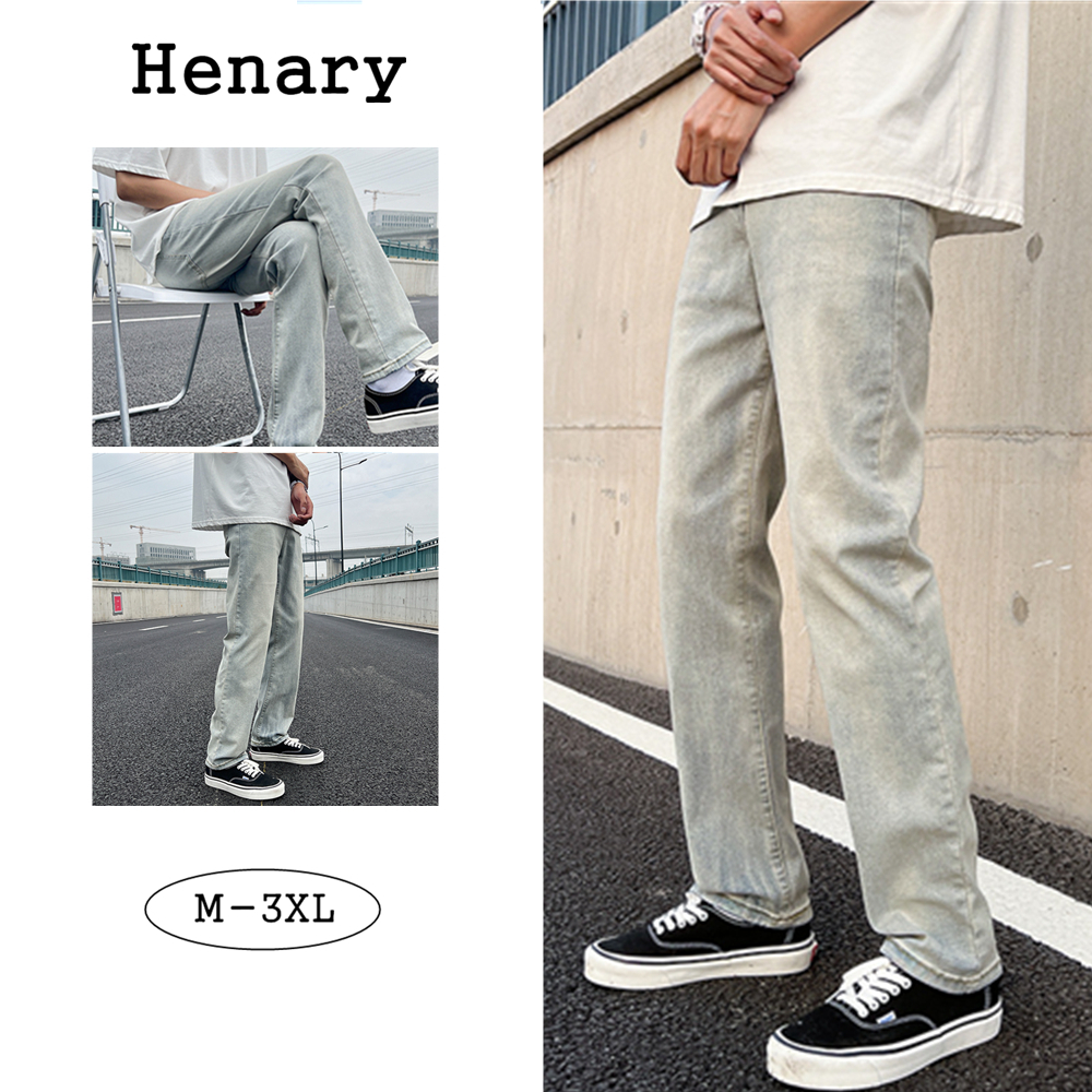 Henary กางเกงยีนส์ผู้ชาย สไตล์โบราณ ตั้งตัว แหลมลำตัว สบายสบาย ใส่ได้ทุกชุด M-3XL